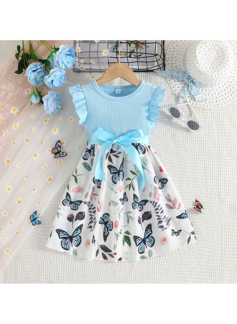 Girl's New Summer Butterfly Print Fashion Fly Sleeve A-Line Dresses