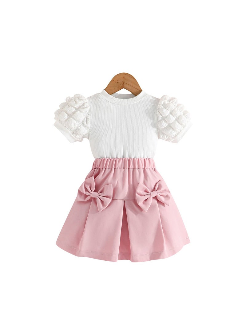 New Girls' Bubble Short Sleeve Top with Bow Skirt Set