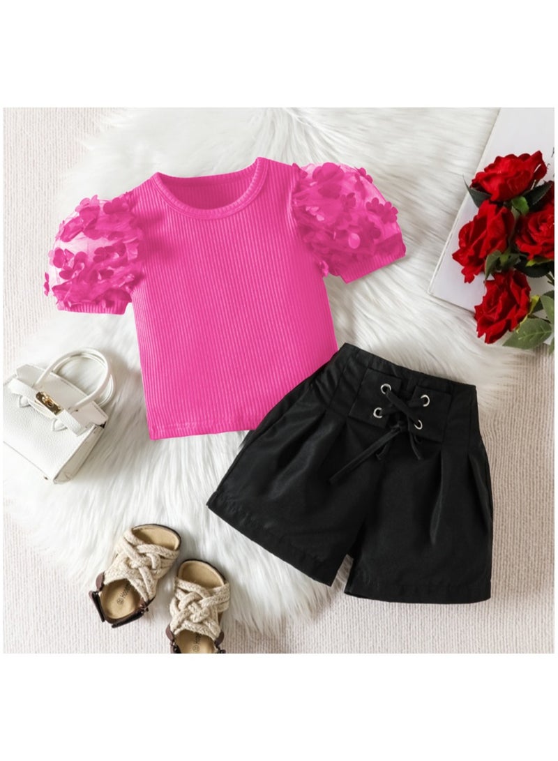 Girl's Summer Top And Lace-Up Shorts Two-Piece Set