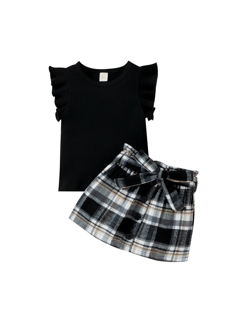 Girls' Summer Fly Sleeve Vest Plaid Skirt Set