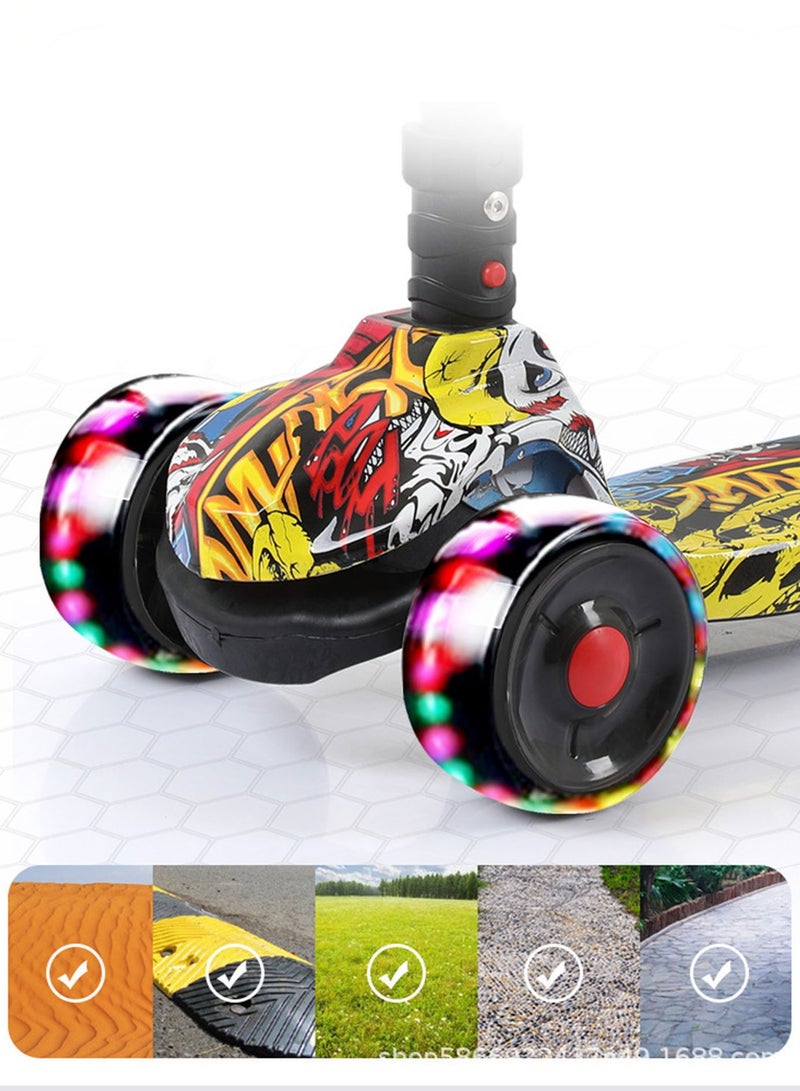 Foldable 3-Wheel ScooterFlash Wheel with Music and Light Adjustable Height Suitable Small Size Black Letters