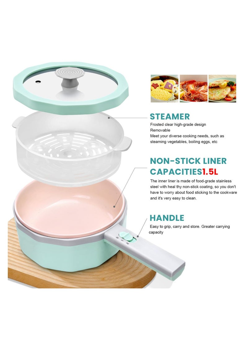 Electric Hot Pot with Steamer, 1.5L Non-Stick Ramen Cooker and Sauté Pan for Steak, Egg, Fried Rice, Soup, Portable Personal Cooker Perfect for Dorm and Apartment