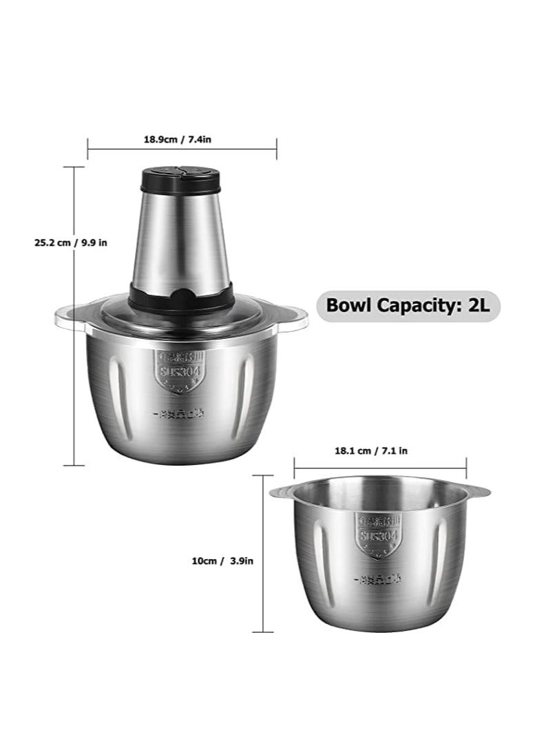 Food Chopper, Electric Meat Chopper with Powerful Motor, 2L Stainless Steel Bowl, 2 Speed Levels, Safety Function, 300W Multi Chopper for Meat, Fruits, Baby Food, Vegetables,Onion