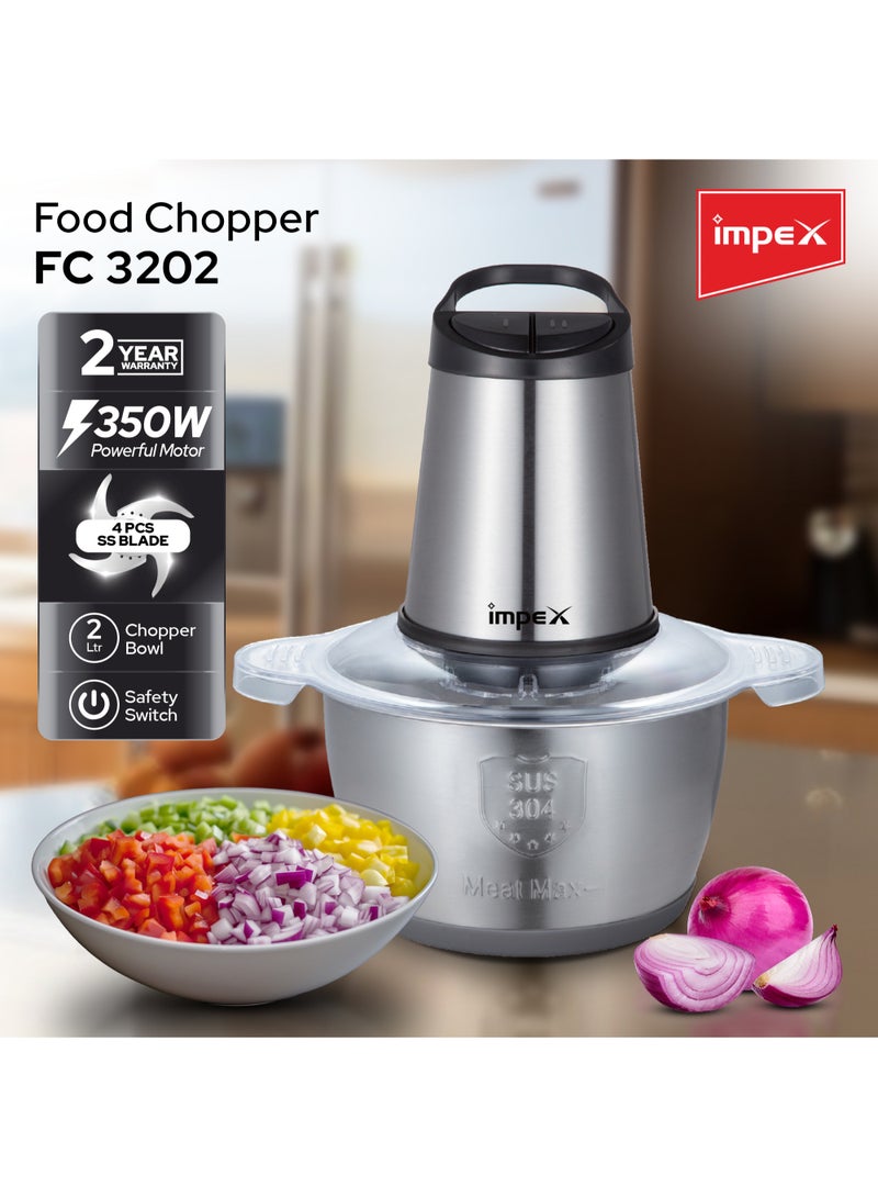 Electric Food Chopper Stainless Steel Bowl With 2 Speed Adjustable And 4 Piece Stainless Steel Blade 2 L 350 W FC 3202 Silver
