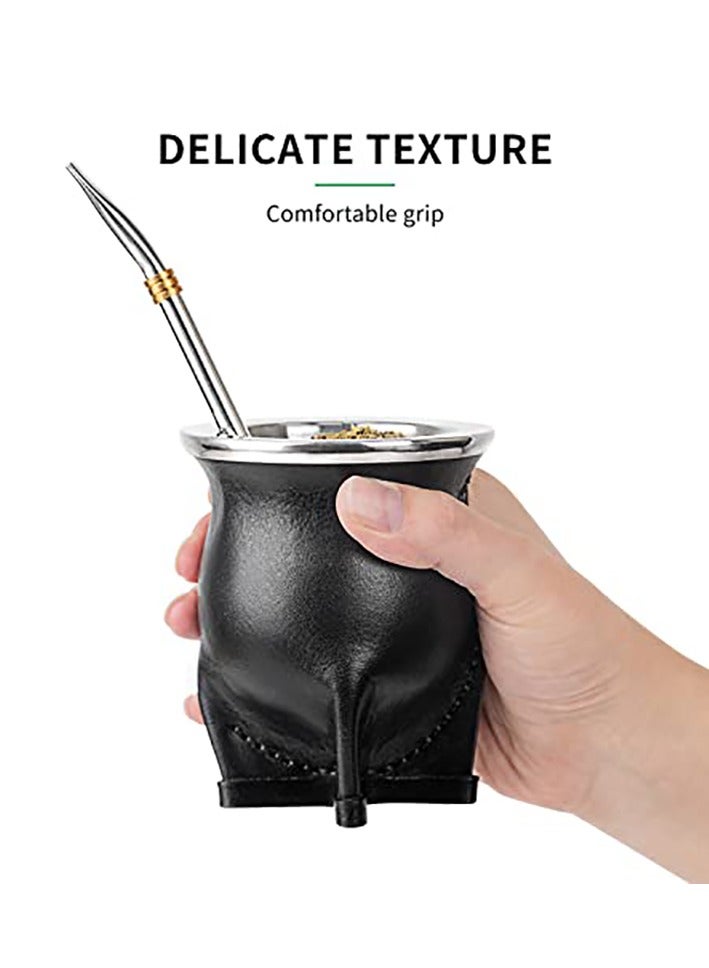 Yerba mate tea cup, leather outer layer, ceramic lining, with straw and cleaning brush