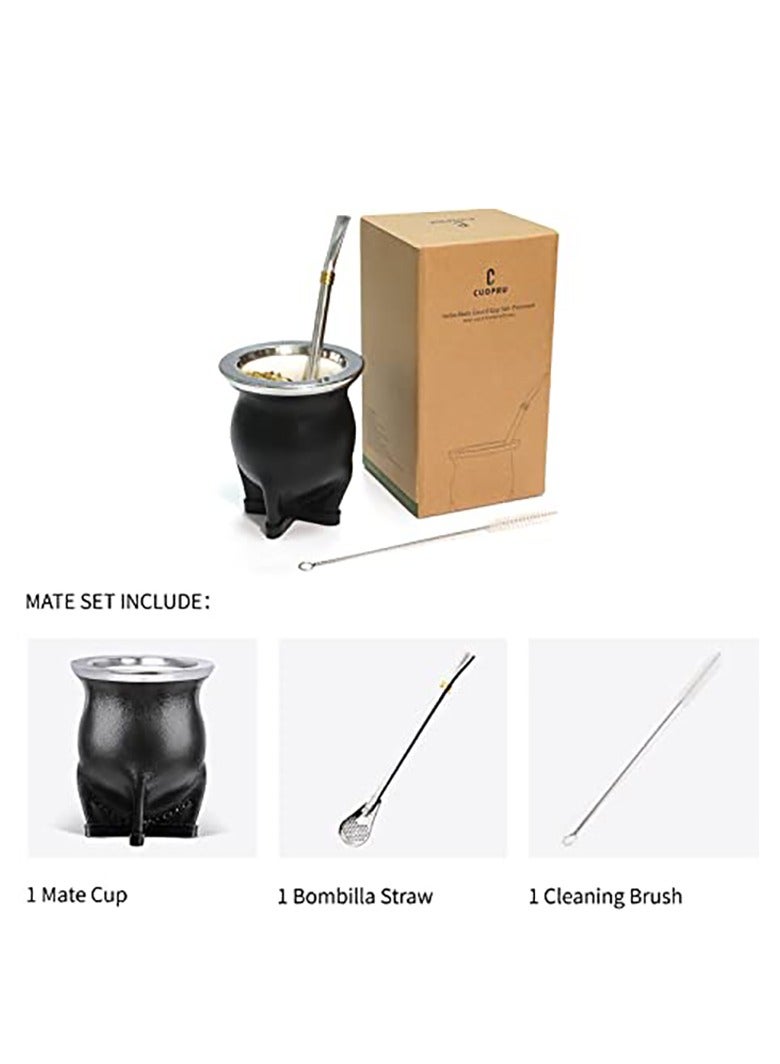 Yerba mate tea cup, leather outer layer, ceramic lining, with straw and cleaning brush