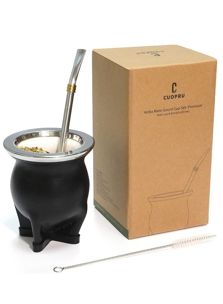 Yerba mate tea cup, leather outer layer, ceramic lining, with straw and cleaning brush