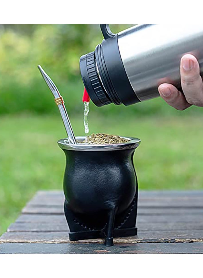 Yerba mate tea cup, leather outer layer, ceramic lining, with straw and cleaning brush