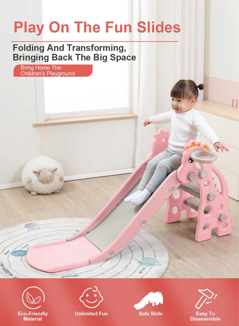 Foldable Children's Slide Suitable For 1-3 Years Old Children Baby Climbing Entertainment Slide Playground Slide Toy Set Suitable For Indoor And Outdoor Toddlers With Basketball Stand