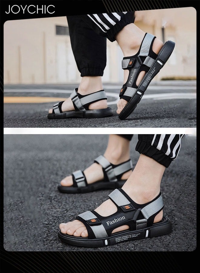 Men Trendy Outdoor Personalized Flat Shoes Waterproof Anti-slip Open Toe Breathable Summer Beach Sandals Black+Grey