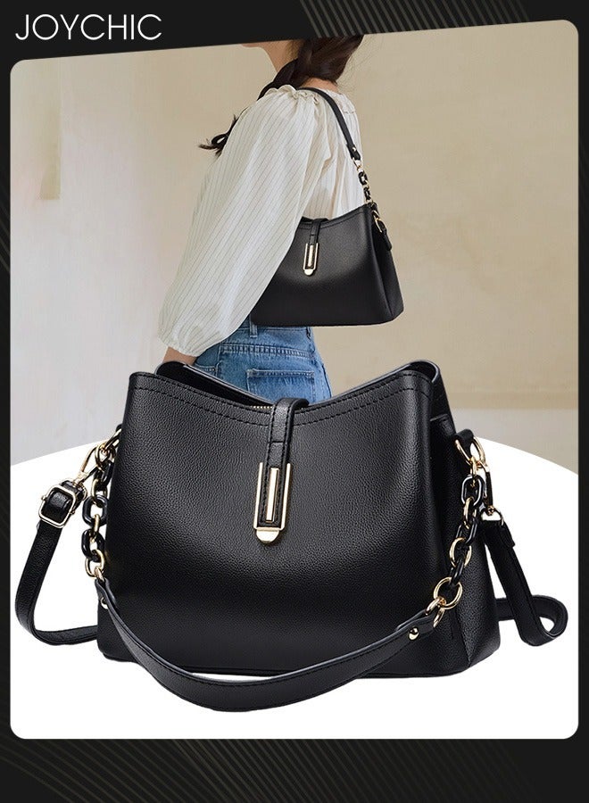 Fashion and Trend Elegant Women Shell Bag Simple Pattern Inner Multi Pockets Lady Shoulder Crossbody Bag for Office Party Shopping Black