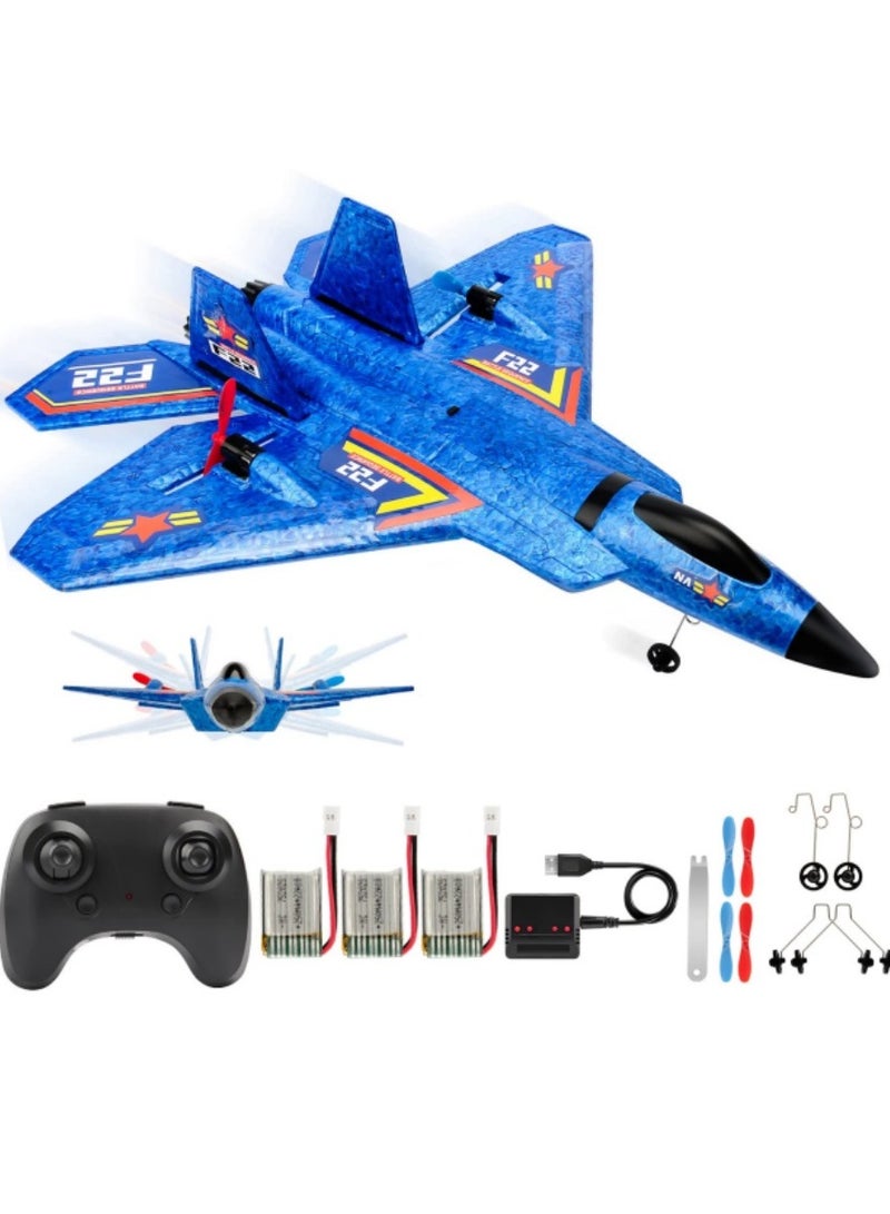 Ready-to-Fly F-22 Raptor Remote Control Plane - Blue Jet Fighter Toy with Light Strip, 2.4GHz, 6-Axis Gyro - Perfect Gift for Beginner Kids.