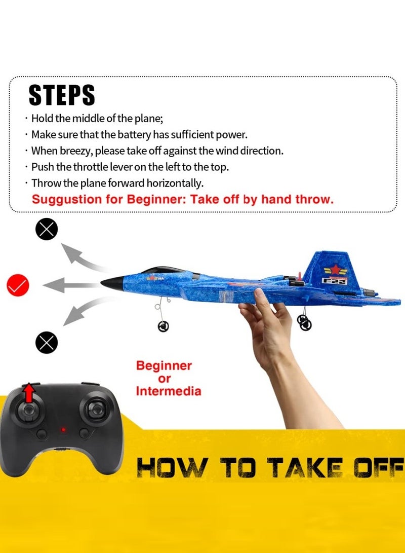 Ready-to-Fly F-22 Raptor Remote Control Plane - Blue Jet Fighter Toy with Light Strip, 2.4GHz, 6-Axis Gyro - Perfect Gift for Beginner Kids.