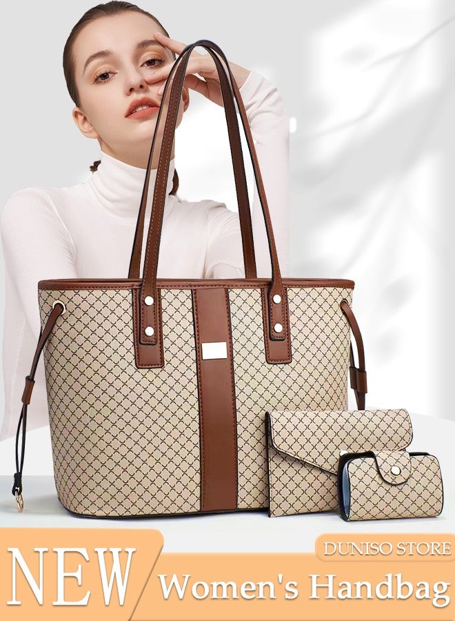 3PCS Tote Bag Set for Women Large Capacity Hand Shoulder Bag with Adjustable Drawstring Fashion Purse Clutch Bag Set for Office Travel Daily Bag