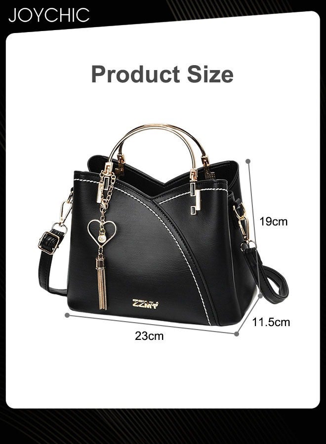 Women Large Capacity Crossbody Bag PU Waterproof Tote Bag Multi Pocket Shoulder Handbag with Love Pattern Pendant for Travel Party Black