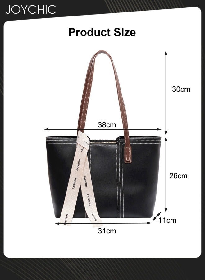 Fashionable Texture Women Large Capacity Shoulder Bag Lady Commuter Tote Bag Messenger Soft Leather Handbag for College Student Office Work Outdoor Black