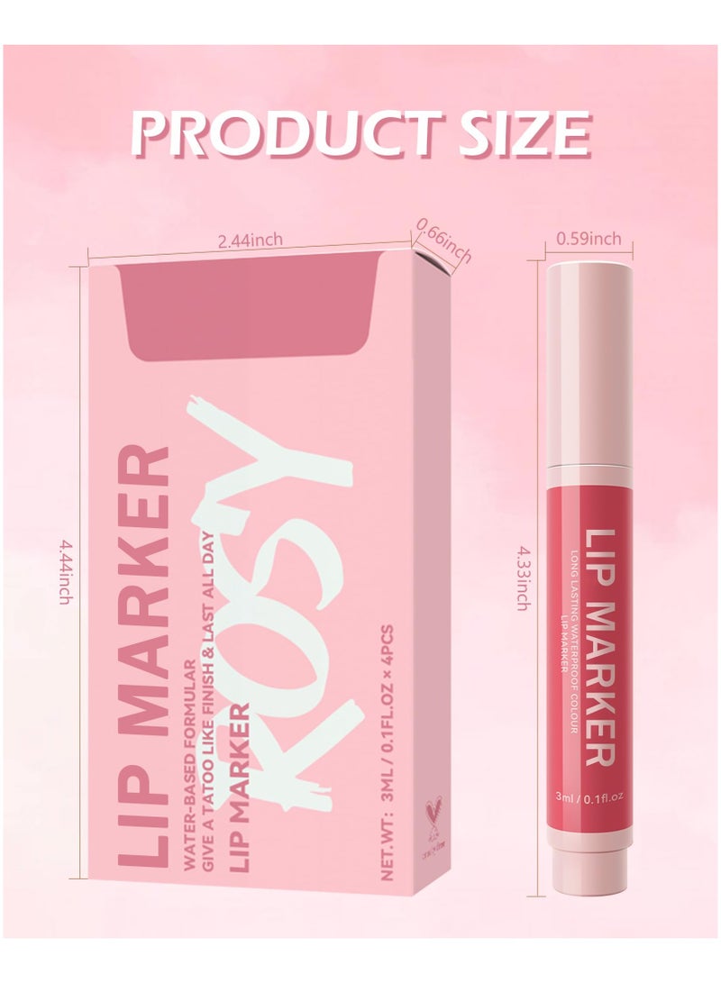 Lip Stain Marker Pen Set, 4 Pcs Hydrating Liquid Lip Liner Kit, Matte Finish, Long-Lasting Waterproof, Precise Chisel Tip for Smooth Application, Ideal Makeup Gift for Women