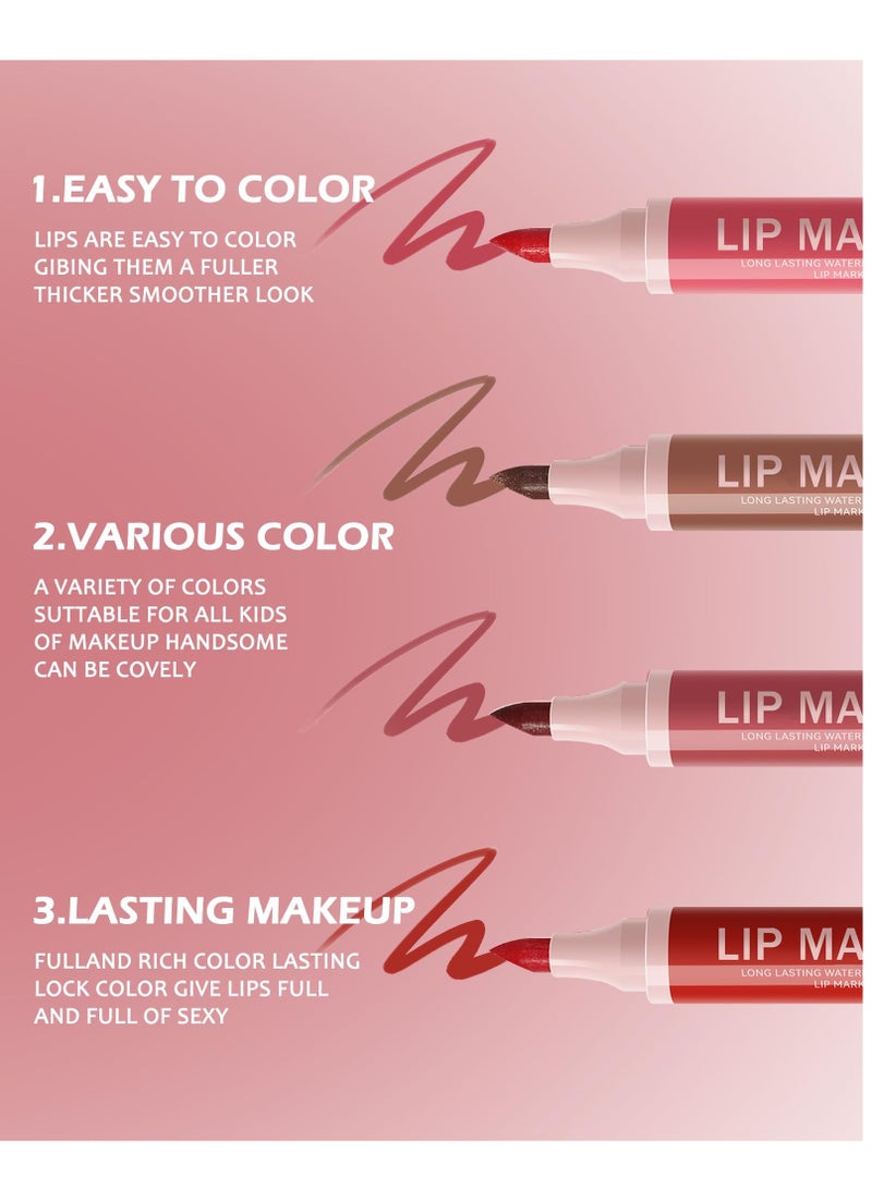 Lip Stain Marker Pen Set, 4 Pcs Hydrating Liquid Lip Liner Kit, Matte Finish, Long-Lasting Waterproof, Precise Chisel Tip for Smooth Application, Ideal Makeup Gift for Women