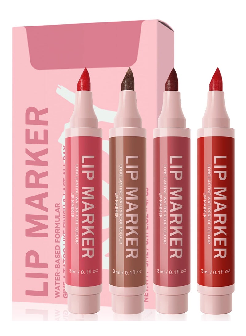 Lip Stain Marker Pen Set, 4 Pcs Hydrating Liquid Lip Liner Kit, Matte Finish, Long-Lasting Waterproof, Precise Chisel Tip for Smooth Application, Ideal Makeup Gift for Women