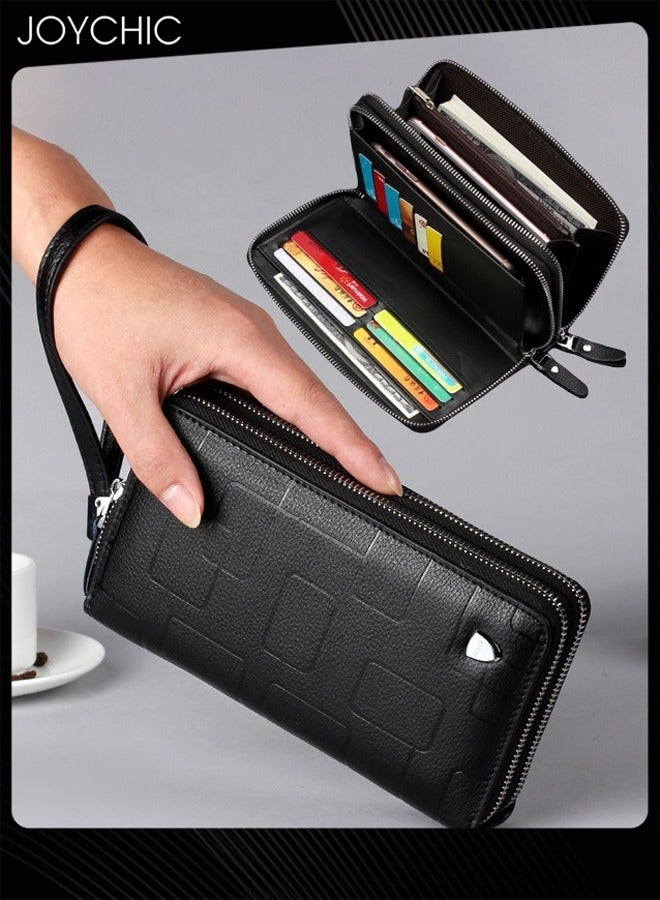 Genuine Leather Waterproof Men's Wallet Long Zipper Clutch Leather Geometric Mobile Phone Bag Multi-Classified Casual Small Handbag for Travel Business Shopping Black