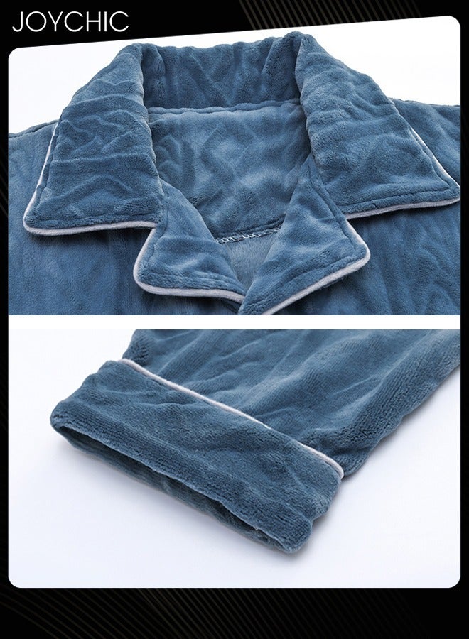Coral Velvet Lapel Pajamas Set for Men Autumn and Winter Thickened and Velvet Warm Windproof Homewear Wear-resistant Long-sleeved Youth Bedroom Sleepwear Blue
