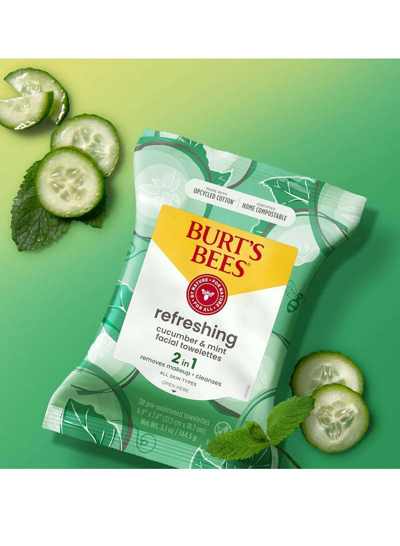 Burt's Bees Cucumber & Mint Face Wipes, Mothers Day Gifts for Mom for All Skin Types, Refreshing Makeup Remover & Facial Cleansing Towelettes, 30 Ct. (3-Pack)