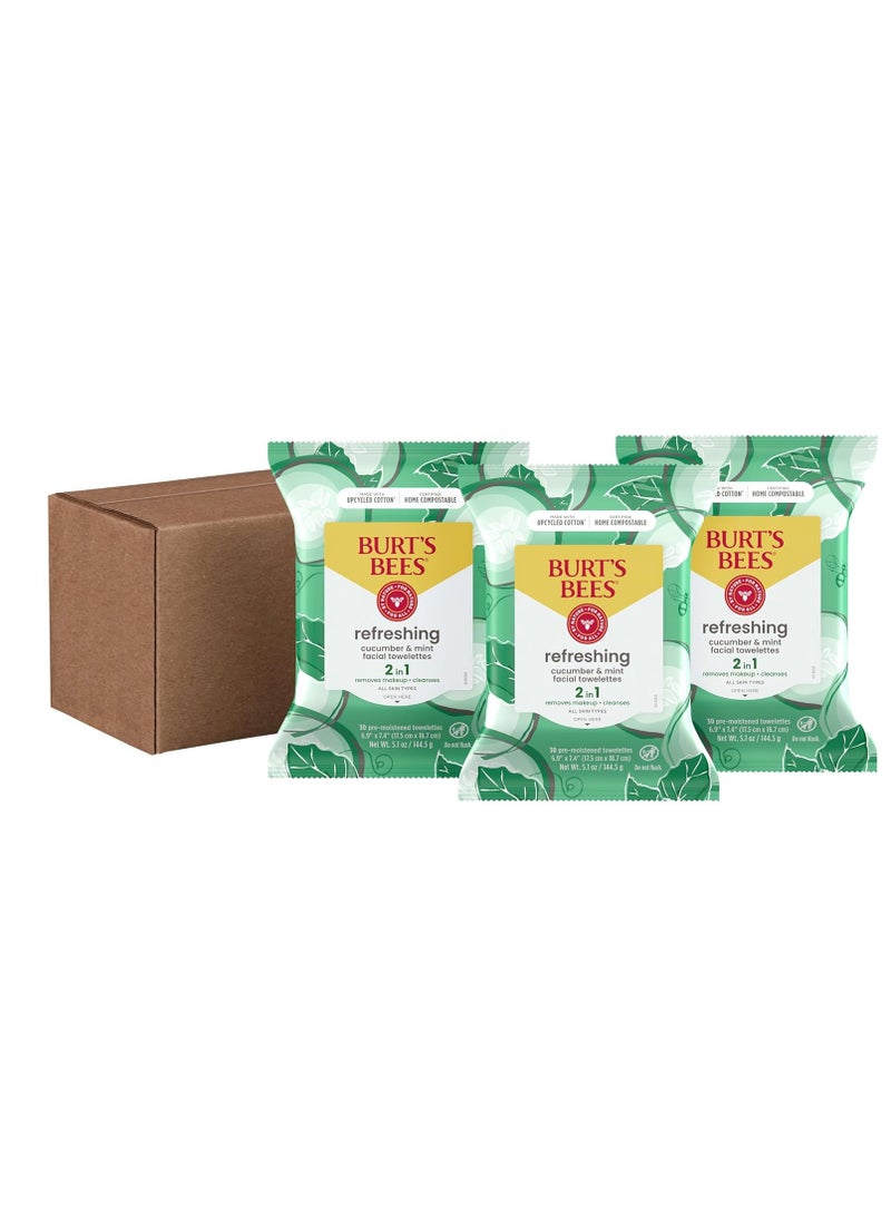 Burt's Bees Cucumber & Mint Face Wipes, Mothers Day Gifts for Mom for All Skin Types, Refreshing Makeup Remover & Facial Cleansing Towelettes, 30 Ct. (3-Pack)