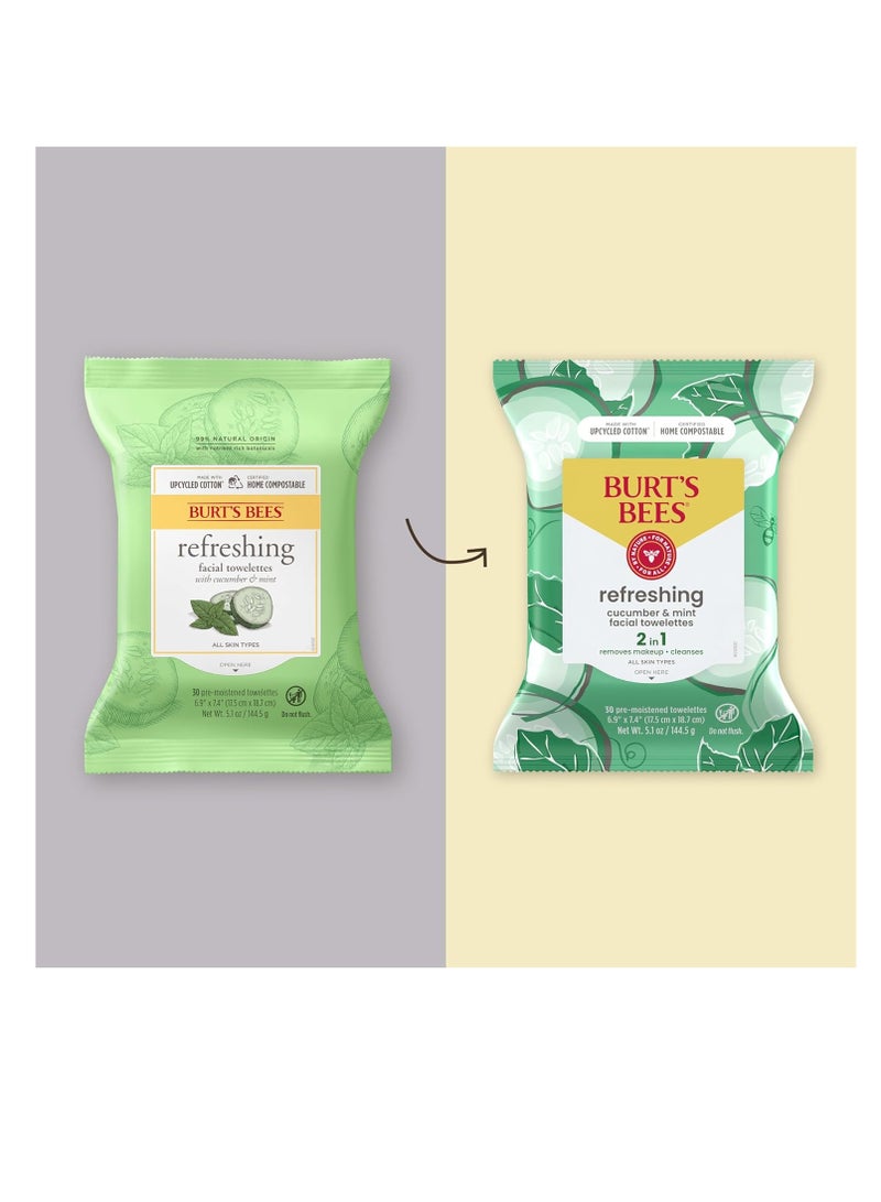 Burt's Bees Cucumber & Mint Face Wipes, Mothers Day Gifts for Mom for All Skin Types, Refreshing Makeup Remover & Facial Cleansing Towelettes, 30 Ct. (3-Pack)