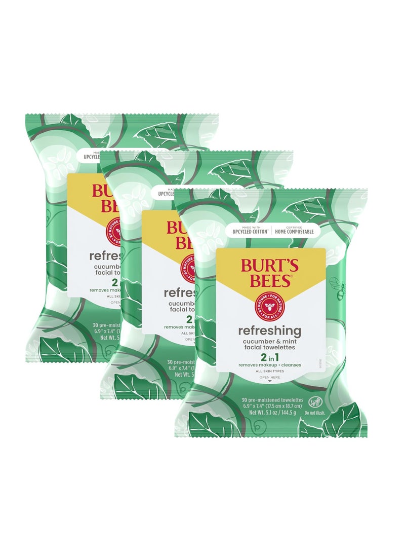 Burt's Bees Cucumber & Mint Face Wipes, Mothers Day Gifts for Mom for All Skin Types, Refreshing Makeup Remover & Facial Cleansing Towelettes, 30 Ct. (3-Pack)