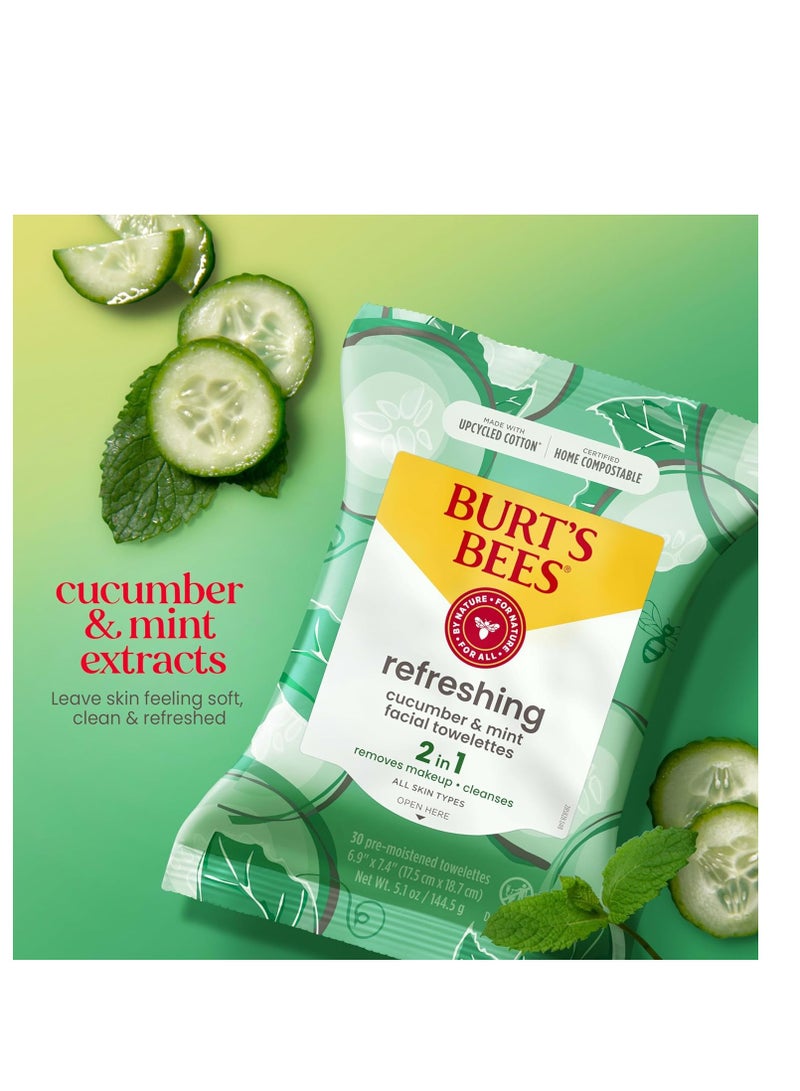 Burt's Bees Cucumber & Mint Face Wipes, Mothers Day Gifts for Mom for All Skin Types, Refreshing Makeup Remover & Facial Cleansing Towelettes, 30 Ct. (3-Pack)