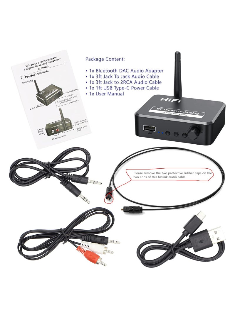192kHz Digital to Analog Audio Converter, DAC Optical Toslink SPDIF to L/R RCA AUX 3.5mm Jack Adapter, Bluetooth Receiver, USB MP3 Player, Adjustable Volume, for TV PS3 PS4 Xbox DVD Home Stereo