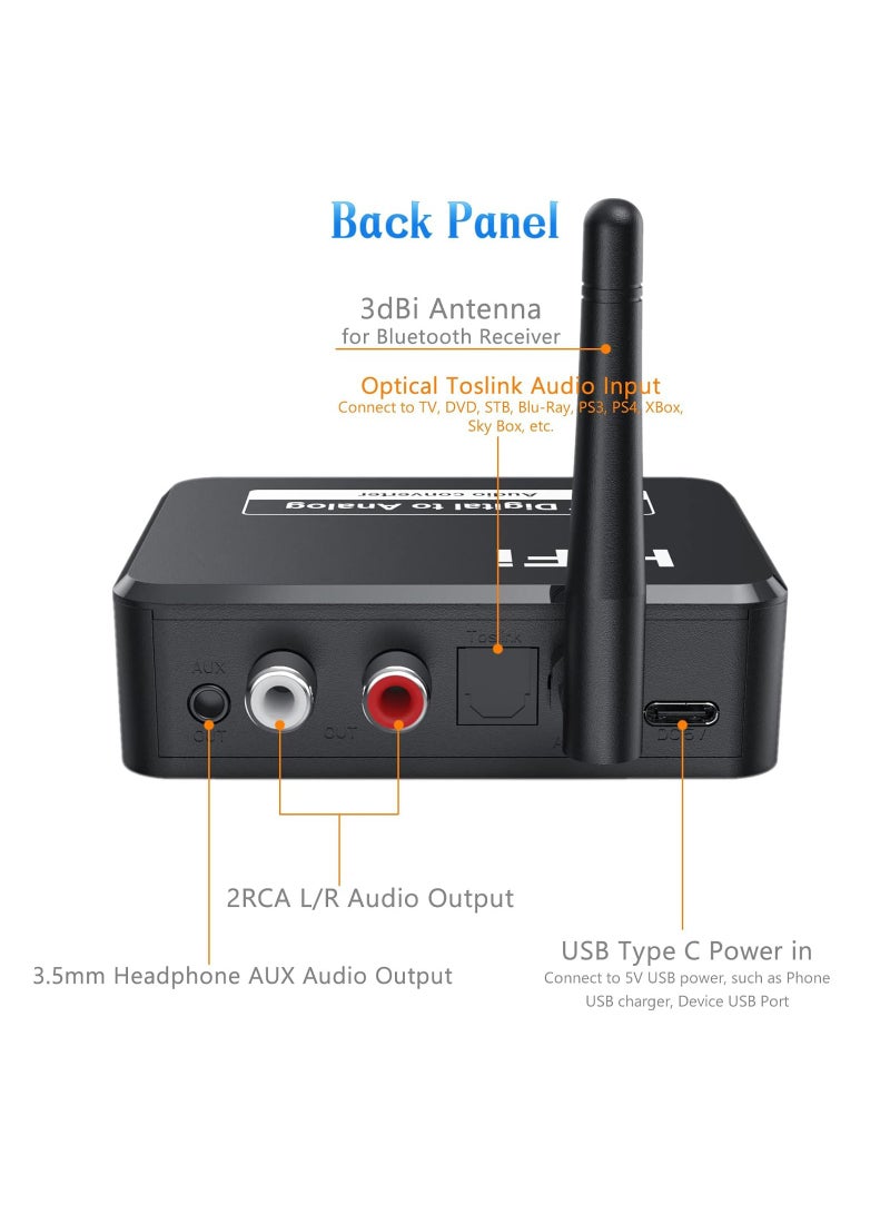 192kHz Digital to Analog Audio Converter, DAC Optical Toslink SPDIF to L/R RCA AUX 3.5mm Jack Adapter, Bluetooth Receiver, USB MP3 Player, Adjustable Volume, for TV PS3 PS4 Xbox DVD Home Stereo