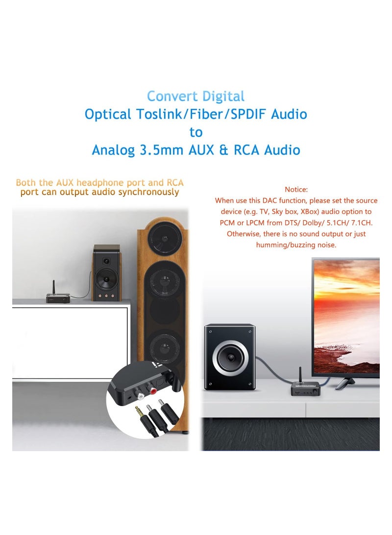 192kHz Digital to Analog Audio Converter, DAC Optical Toslink SPDIF to L/R RCA AUX 3.5mm Jack Adapter, Bluetooth Receiver, USB MP3 Player, Adjustable Volume, for TV PS3 PS4 Xbox DVD Home Stereo
