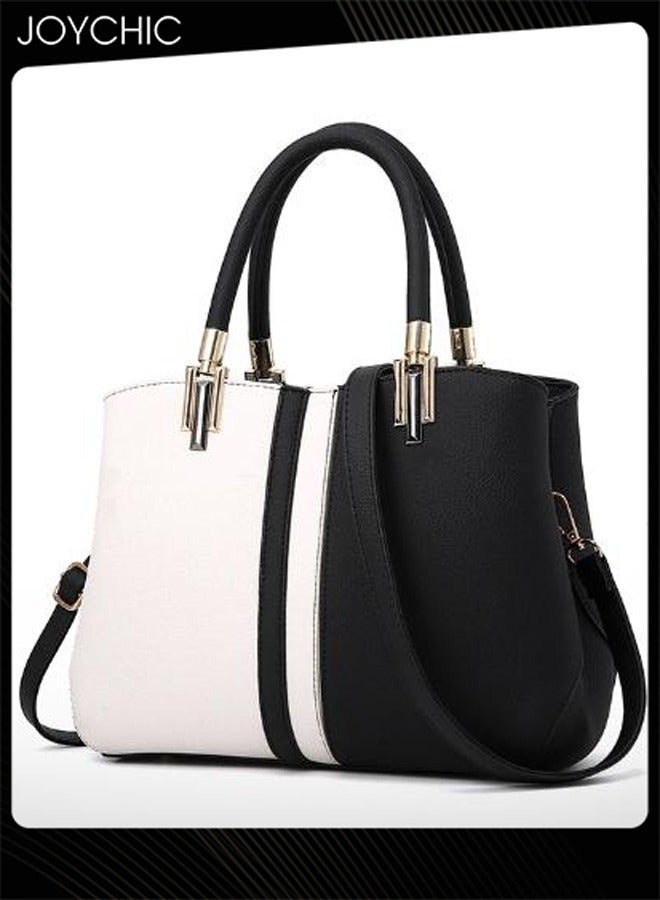 Classic Women Contrast Color Handbag Lady Large Capacity Multi Pocket Commuting Shoulder Bag PU Fabric Waterproof Crossbody Bag Black+White