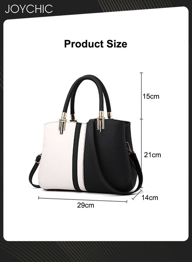 Classic Women Contrast Color Handbag Lady Large Capacity Multi Pocket Commuting Shoulder Bag PU Fabric Waterproof Crossbody Bag Black+White