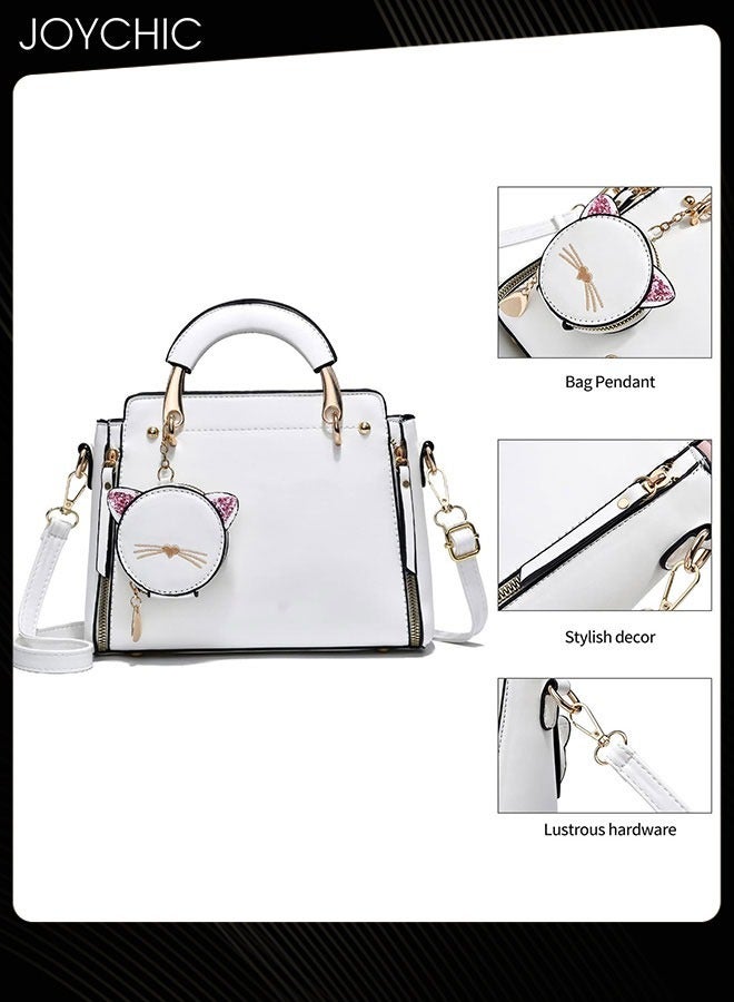 Korean Style Fashionable and Sweet Women Handbag Casual Personality Cat Design Large Capacity Commuting Shoulder Crossbody Bag PU Fabric Waterproof White