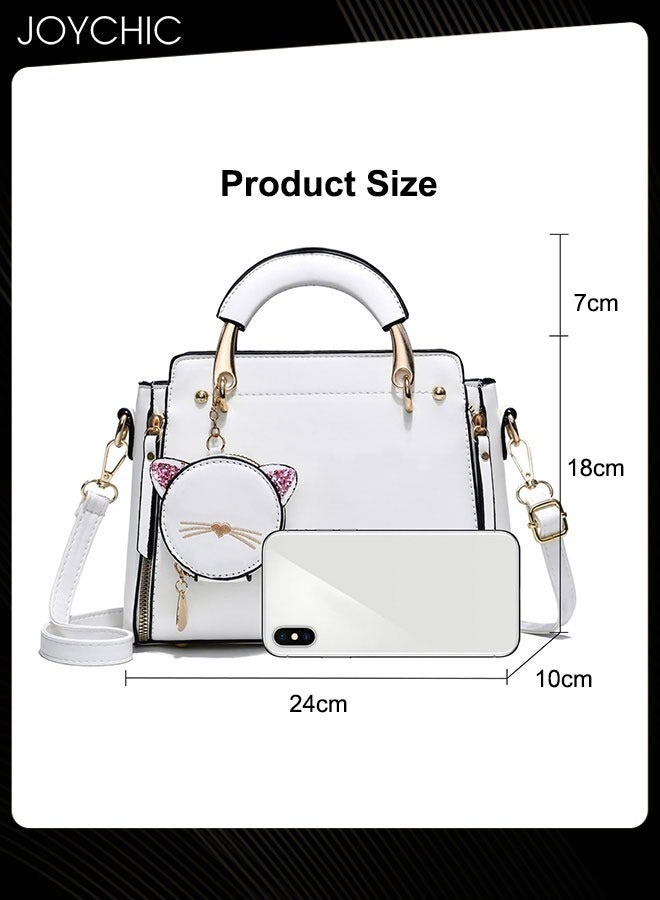 Korean Style Fashionable and Sweet Women Handbag Casual Personality Cat Design Large Capacity Commuting Shoulder Crossbody Bag PU Fabric Waterproof White