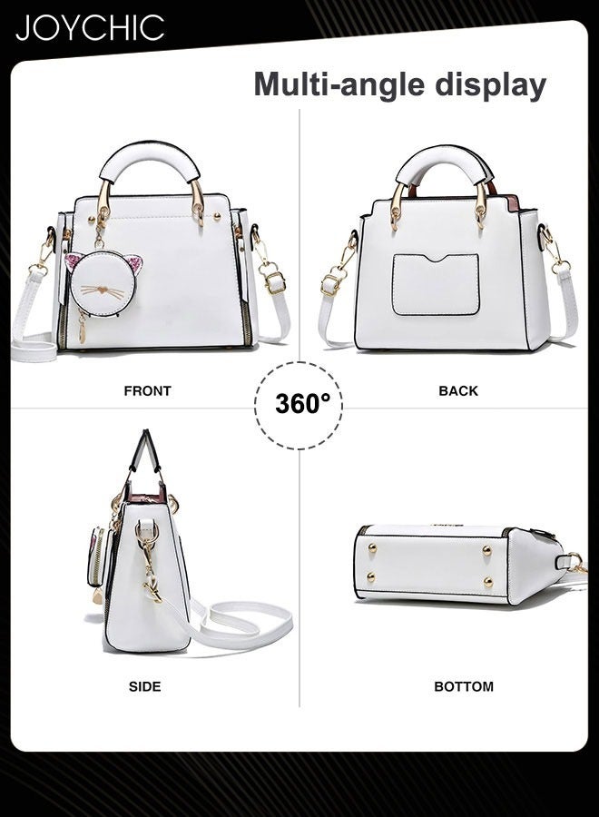 Korean Style Fashionable and Sweet Women Handbag Casual Personality Cat Design Large Capacity Commuting Shoulder Crossbody Bag PU Fabric Waterproof White