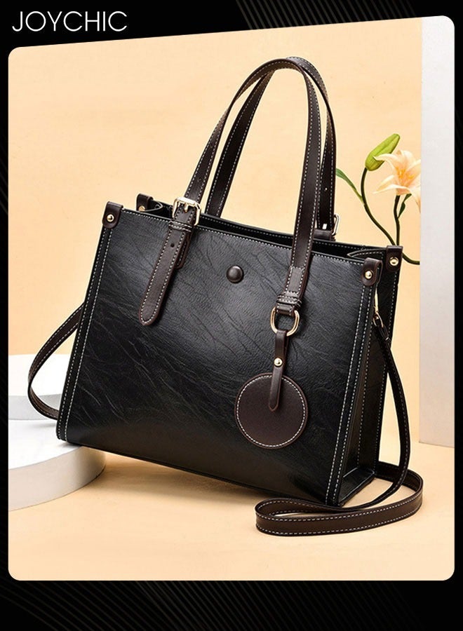 Fashionable Retro Women Handbag Large Capacity Multi Pocket Commuting Shoulder Crossbody Bag for Office Daily Work Black