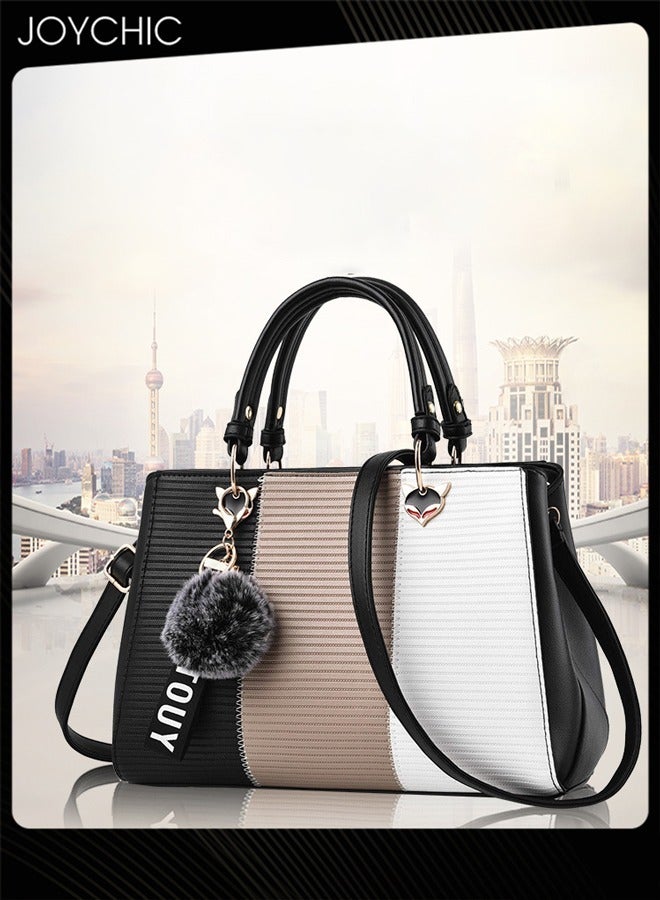 Classic Women Contrast Color Handbag Lady Large Capacity Multi Pocket Commuting Shoulder Bag PU Fabric Waterproof Crossbody Bag for Office Travel Shopping