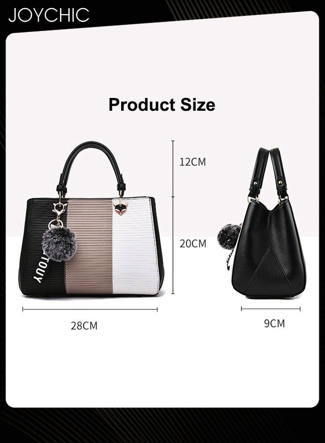 Classic Women Contrast Color Handbag Lady Large Capacity Multi Pocket Commuting Shoulder Bag PU Fabric Waterproof Crossbody Bag for Office Travel Shopping