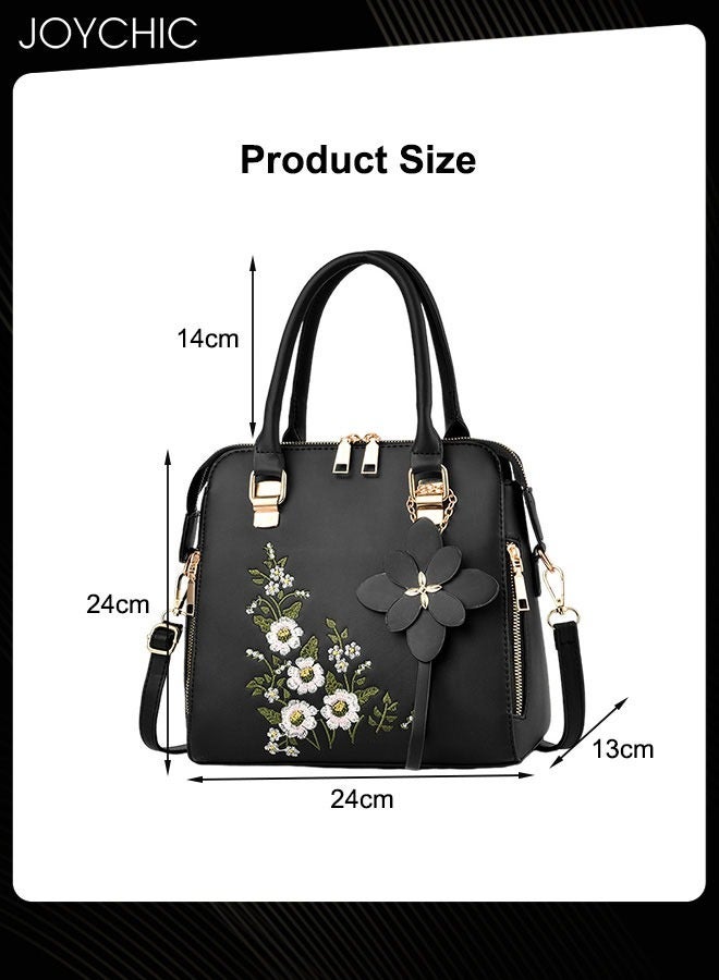 New Style Women Fashion Embroidered Handbag Large Capacity Commuting Shoulder Crossbody Bag PU Waterproof Ladies Tote Black