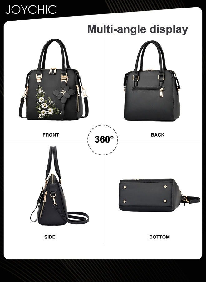 New Style Women Fashion Embroidered Handbag Large Capacity Commuting Shoulder Crossbody Bag PU Waterproof Ladies Tote Black