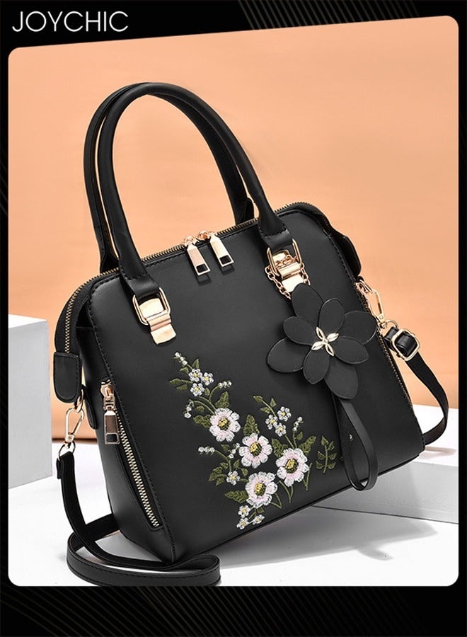 New Style Women Fashion Embroidered Handbag Large Capacity Commuting Shoulder Crossbody Bag PU Waterproof Ladies Tote Black