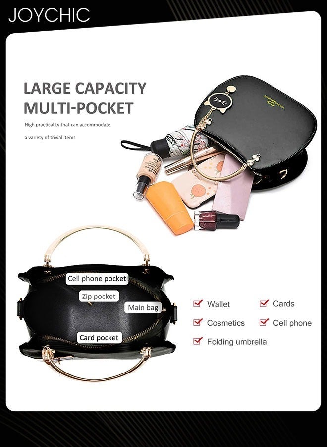 Korean Style Fashionable Girl Shell Bag Women Large Capacity Crossbody Bag Multi Pocket Shoulder Handbag with Lovely Cat Pendant for Travel Party Black