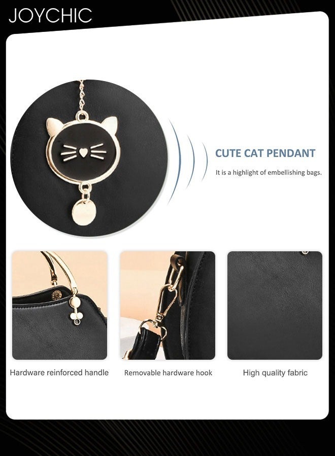 Korean Style Fashionable Girl Shell Bag Women Large Capacity Crossbody Bag Multi Pocket Shoulder Handbag with Lovely Cat Pendant for Travel Party Black