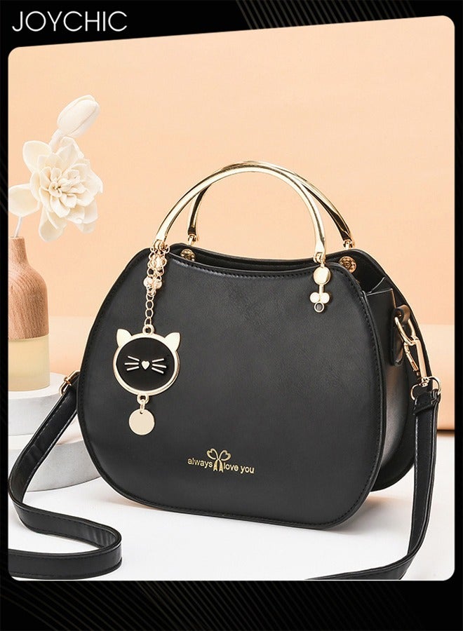 Korean Style Fashionable Girl Shell Bag Women Large Capacity Crossbody Bag Multi Pocket Shoulder Handbag with Lovely Cat Pendant for Travel Party Black