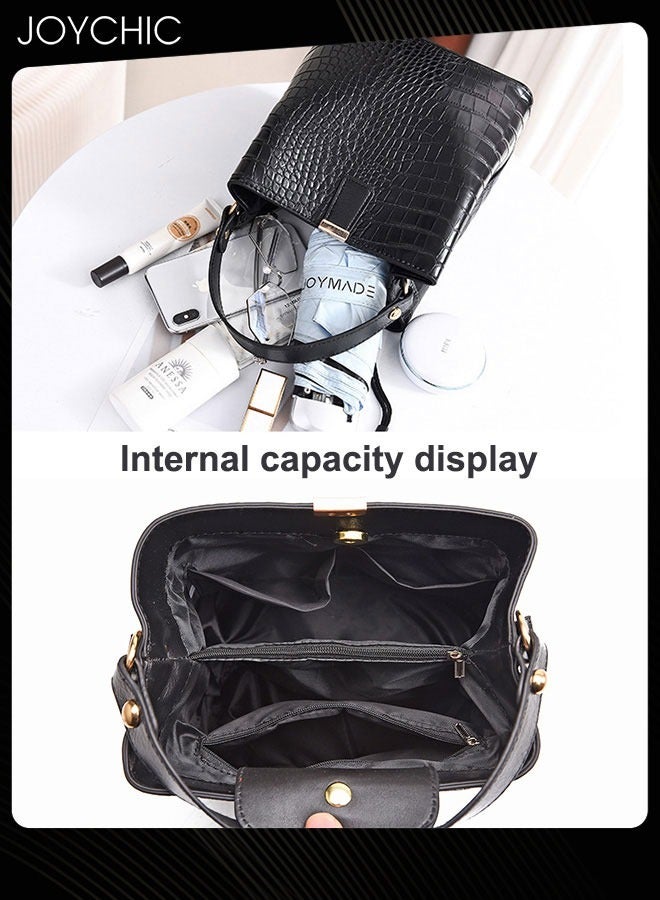 Fashionable Bucket Bag Korean Style Women's Stone Pattern Handbag Large Capacity Shoulder Crossbody Bag with Detachable Straps for Travel Office Black