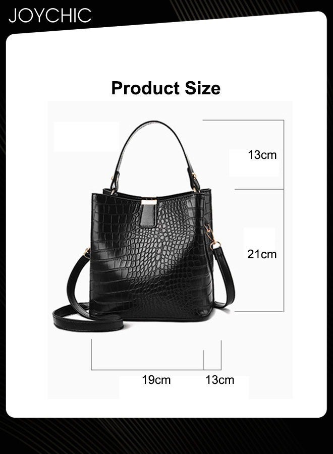 Fashionable Bucket Bag Korean Style Women's Stone Pattern Handbag Large Capacity Shoulder Crossbody Bag with Detachable Straps for Travel Office Black