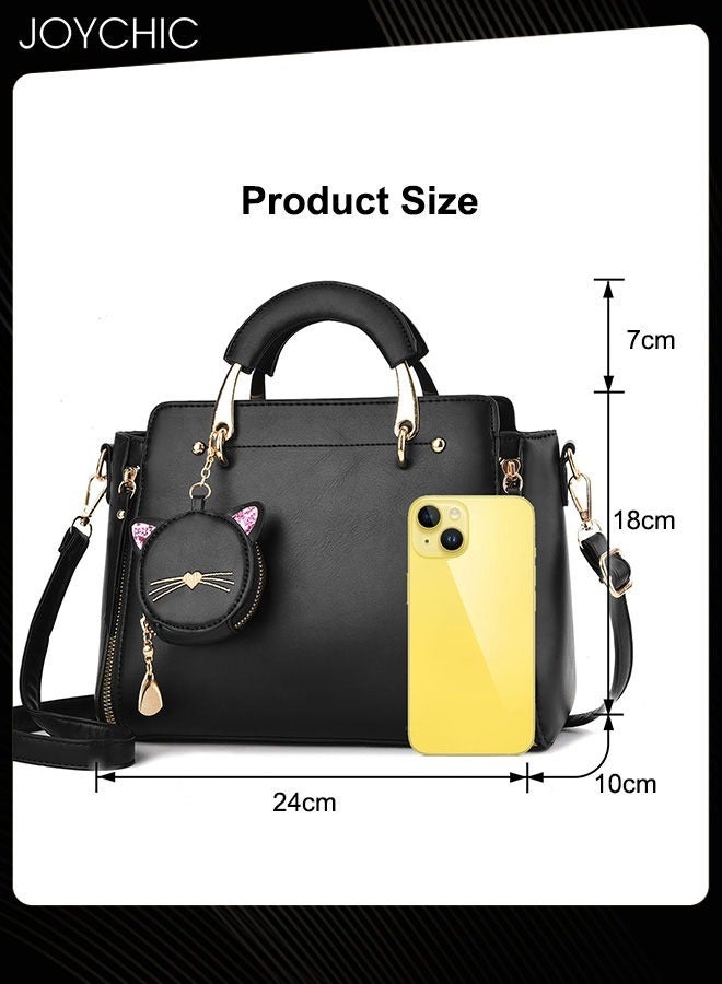 Korean Style Fashionable and Sweet Women Handbag Casual Personality Cat Design Large Capacity Commuting Shoulder Crossbody Bag PU Fabric Waterproof with Coin Purse Black